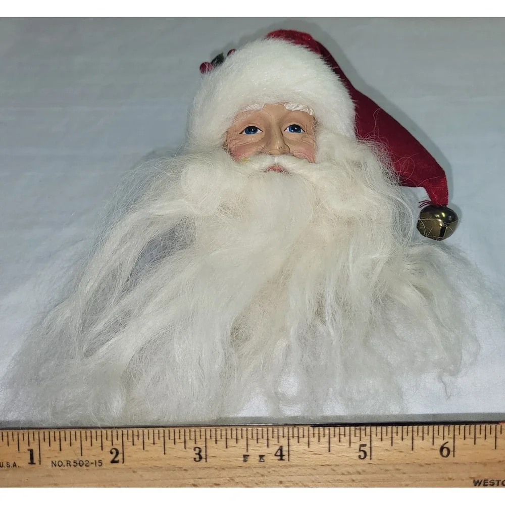 Father Christmas Santa Claus Head Ornament Red White Long Beard Bell Hat Vintage